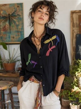 Vintage Dragonfly Embroidered Button Up Shirt Artsy Y2K Black L
